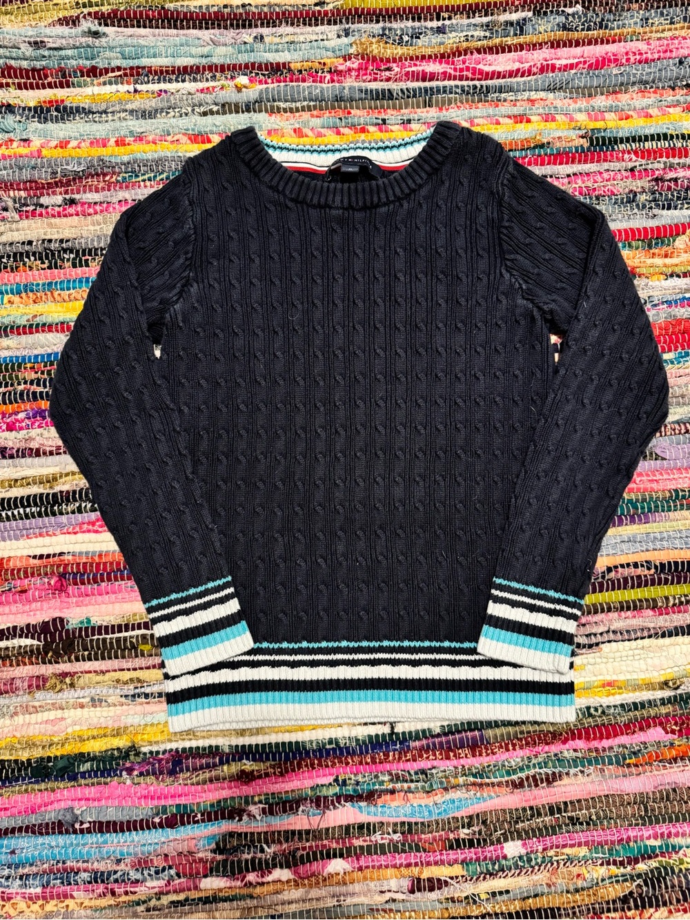Tommy Hilfiger Blue and White Striped Cable Knit Sweater